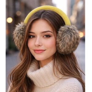 Vintage Faux Fur Earmuffs Neon Yellow Knit Headband Brown Winter Ear Warmers